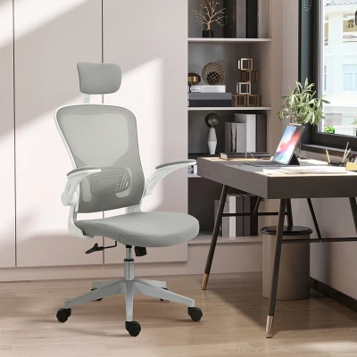 Vinsetto Cadeira de Escritório de Malha Ergonómica Cadeira de Escritório com Altura Ajustável Apoio para os Braços Dobrável Apoio para a Cabeça e Suporte Lombar Ajustáveis 65x64x114-122cm Cinza