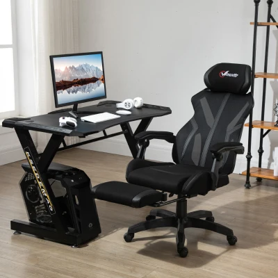 Vinsetto Cadeira de Gaming com Apoio para os Pés Retrátil Cadeira de Escritório Reclinável com Apoio para a Cabeça e Altura Ajustável 65x65x119-129cm Preto