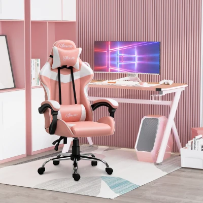 Vinsetto Cadeira Gaming Ergonômica Cadeira Reclinável com Altura Ajustável Apoio para a Cabeça e Lombar 63x67x122-130cm Rosa e Branco