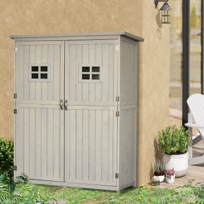 Outsunny Gartenschrank Holz Geräteschuppen Gerätehaus Geräteschrank Pultdach Garten Grau 127,5x50x164cm