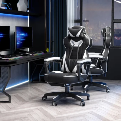 Vinsetto Cadeira de escritorio gaming ergonômica Altura ajustável Reclinável Encosto com apoio para pés 65x70x118,5-126,5 cm Branco e Preto