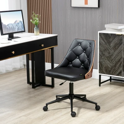 Vinsetto Cadeira de Escritório Operativa Estofada em Couro PU com Altura Ajustável Função Basculante 54x54,5x76-86cm Preto e Nogueira