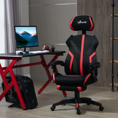 Vinsetto Cadeira de Gaming com Apoio para os Pés Retrátil Cadeira de Escritório Reclinável com Apoio para a Cabeça e Altura Ajustável 65x65x119-129cm Preto e Vermelho