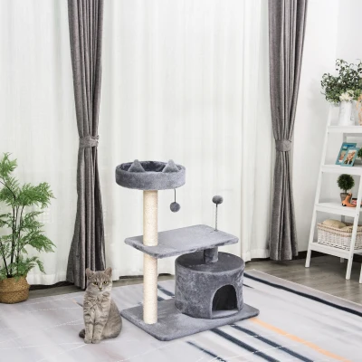 PawHut Árvore Arranhador para Gatos Médios com Cama Plataforma Caverna Poste de Sisal e Bolas de Brinquedo 60x40x81 cm Cinza