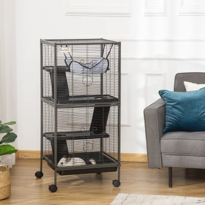 Cușcă din Oțel pentru Rozătoare cu 3 Niveluri, 52x52x113.5 cm, Negru