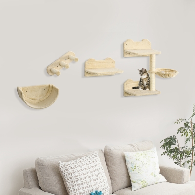 PawHut Prateleiras de Parede para Gatos 4 Peças com Rede Plataforma Semicircular Plataformas de Salto e Poste de Sisal Bege
