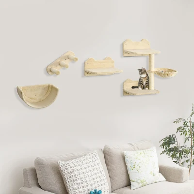 PawHut Prateleiras de Parede para Gatos 4 Peças com Rede Plataforma Semicircular Plataformas de Salto e Poste de Sisal Bege