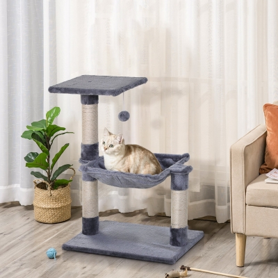 PawHut Árvore Arranhador para Gatos Torre para Gatos 50x36x70 cm com Rede Plataforma Poste de Sisal e Bola Suspensa Cinza