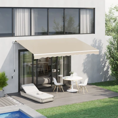 Outsunny Toldo Manual 395x245 cm Toldo de Varanda Pátio com Manivela de Alumínio e Tecido de Poliéster 280 g/m² Bege