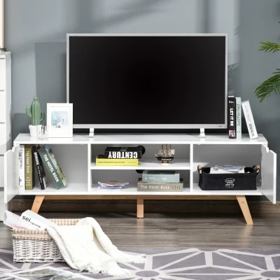 HOMCOM Mesa para Televisores de 65 Pulgadas Módulo TV con 2 Armarios 2 Estantes Abiertos y Patas de Madera 150x39x50 cm Blanco