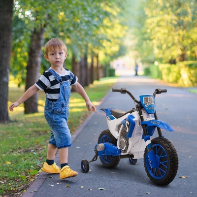 HOMCOM Motocykl Dla Dzieci, Elektryczny Motocykl, 45 Min Czas Jazdy, z Kołami Pomocniczymi, od 3 lat, niebieski+biały, 106,5 x 51,5 x 68 cm
