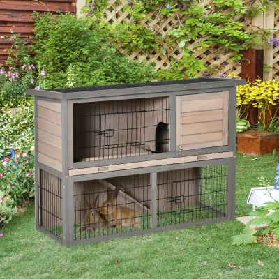 PawHut Clapier Lapin 2 Étages Bois Gris Noir 3 Portes