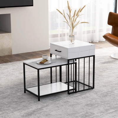 HOMCOM Conjunto de Mesas Auxiliares com Bancada de Imitação de Mármore com Prateleira de e Gaveta 45x42x63,5 cm e 40x60x45 cm Branco e Preto