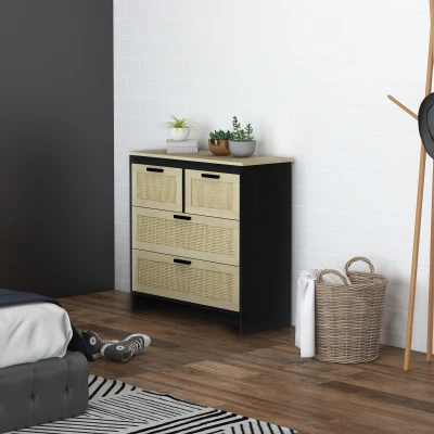 HOMCOM Cassettiera 4 Cassetti in Truciolato e Rattan Nero e Legno
