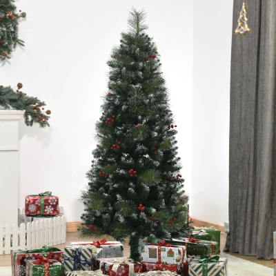 HOMCOM Árvore de Natal Artificial 150cm Ignífugo com 360 Ramos 38 Bagas Folhas de PVC Base Dobrável e Suporte Metálico Verde