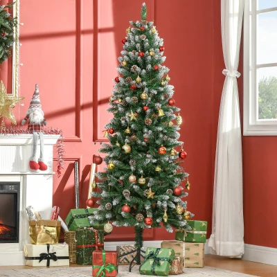 HOMCOM Árvore de Natal Artificial Nevada 180 cm com 508 Ramos 49 Pinhas Base Dobrável e Suporte de Aço Ø73x180 cm Verde e Branco