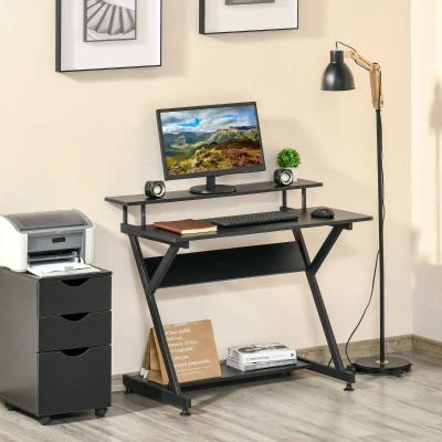 HOMCOM Computertisch Winkelschreibtisch industrieller Stil mit Höhenverstellbar Fußbett Schreibtisch Bürotisch Höhenverstellbar Fußbett MDF Metall Schwarz 100 x 60 x 85,5 cm