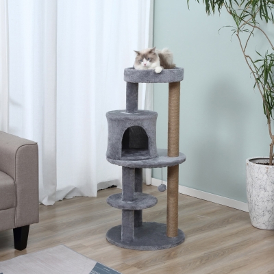 PawHut Árvore Arranhador para Gatos com Plataforma Caverna Postes de Sisal e Bola Suspensa 48x48x104 cm Cinza