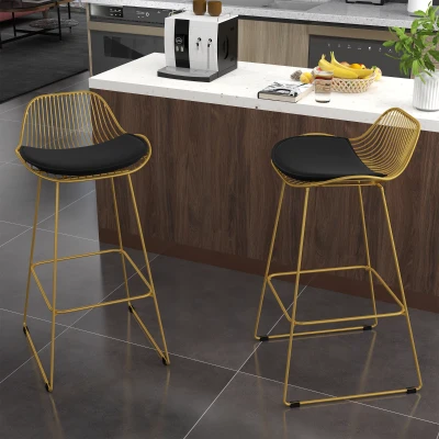 HOMCOM Conjunto de 2 Bancos Altos Moderno com Almofada de Veludo Encosto e Apoio para os Pés Carga 120 kg 46,5x48x93 cm Dourado
