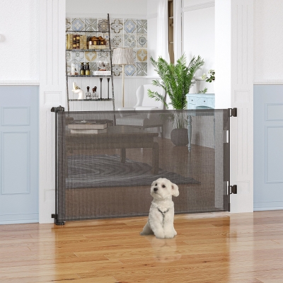 PawHut Barreira de Segurança para Cães Extensível 0-150cm Porta de Proteção Retrátil para Animais de Estimação 165x10,7x85cm Cinza