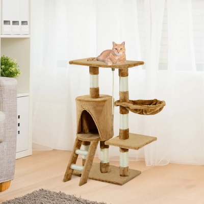 PawHut Árvore para gatos  com  Corda de Brincar Placa de Madeira e Revestido de Pêlo- Castanho - 30x55x96cm