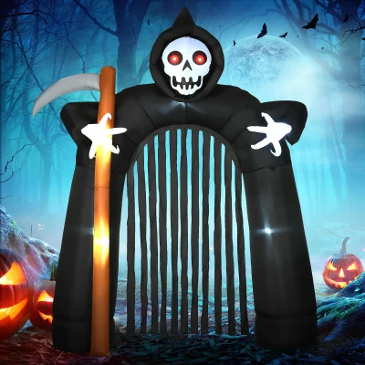 HOMCOM Grote Halloween Tuindecoratie Magere Hein-boog Zelfopblaasbaar met LED-verlichting 2,85 m