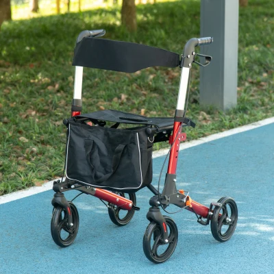 HOMCOM Folding Rollator Walker with Seat and Back, Lightweight Walking Frame with Removable Storage Bag, Dual Brakes, Adjustable Handle, 4 Wheeled Walker for Elderly, Handicapped, Red