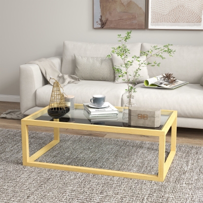 HOMCOM Table Basse Verre Trempé Bois Hévéa 100x60cm