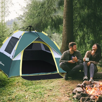 Outsunny Outdoor Pop-Up Camping Tent For 3-4 W/ Build-in Bag & Doormat, Lighting Hook, Carrying Bag