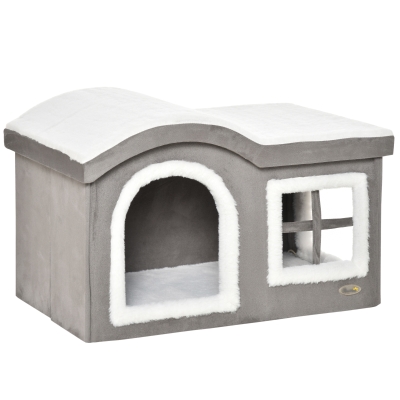 Pawhut Casuta pentru Pisici de Interior cu 2 Intrari si Fereastra, Perna si Baza Anti – Alunecare, 63.5x37x40cm – Alb/Gri