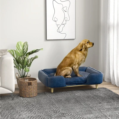 PawHut Sofa dla psa, sofa dla zwierząt z poduszką, łóżko dla psa z podwyższonym designem Niebieskie