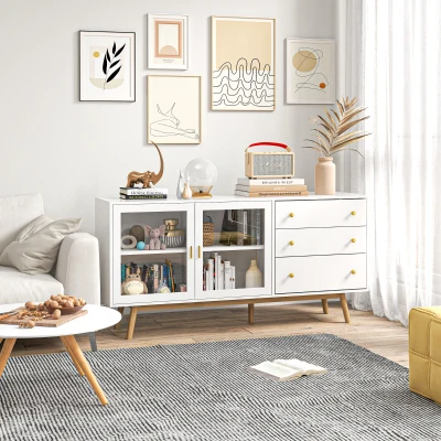 HOMCOM Aparador de Comedor con 2 Puertas de Cristal 3 Cajones y Patas de Madera de Caucho para Cocina Salón 160x40x80 cm Blanco