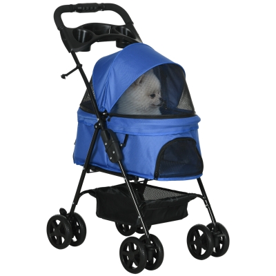 PawHut Carrinho dobrável para animais de estimação desmontável para cães de aço Oxford rodas giratórias freios janela 67x45x96 cm azul