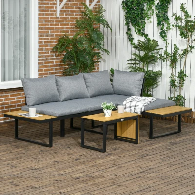Outsunny Conjunto Móveis de Jardim de Alumínio 3 Peças Inclui 2 Sofás com Almofadas Mesa de Centro e Painel Lateral Cinza e Madeira