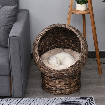 PawHut Rattanowy koszyk dla kota, kocia chata, kocia nora z poduszką, łóżko dla zwierząt domowych, kolor brązowy