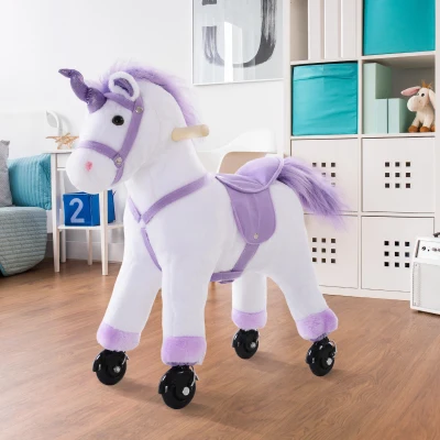 HOMCOM Reitpferd auf Rollen Spielpferd Reittier  Wiehern Plüsch Lila 55 x 23 x 60 cm