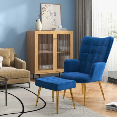 HOMCOM Modern Velvet Armchair with Footstool, Dark Blue