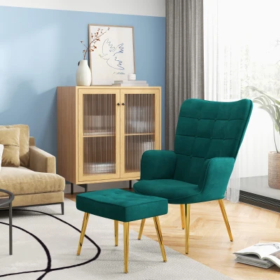HOMCOM Modern Armchair with Footstool, Upholstered Accent Chair with Ottoman, Steel Legs, Velvet Wingback Chair for Living Room, Bedroom, Home Study, Dark Green