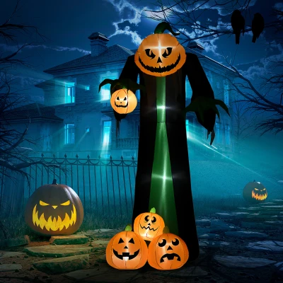 HOMCOM Halloween decoratie, 2,40m grote pompoengeest, zelfopblazend, LED-verlichting, voor buitenruimtes