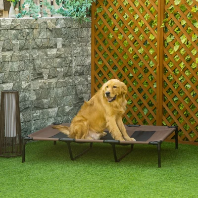 PawHut Cama para Animais de Estimação Cama Elevada para Cães Gatos com Tecido Transpirável para Dormir Relaxar Exterior Jardim Terraço 122x92x23cm Marrom