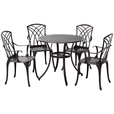 Outsunny 5 Pieces Outdoor Dining Table Set, Cast Aluminium Patio Conversation Furniture Set with 4 Armchairs, a Round Dining Table with Parasol Hole, Brown