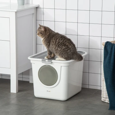 PawHut Kattenbak, 2-weg kattenbak, inclusief kattenbakschep, wit + grijs