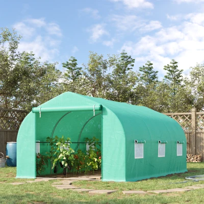 Outsunny Estufa Tipo Túnel 450x300x200 cm Estufa de Jardim com Porta e 6 Janelas Enroláveis Cobertura de PE e Aço Verde
