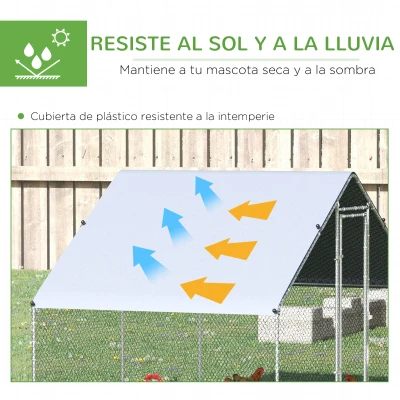PawHut Gallinero para Exterior 3x2x2 m Jaula para Gallinas de Acero Galvanizado con Cubierta de PE y Cerradura Plata(m-4)