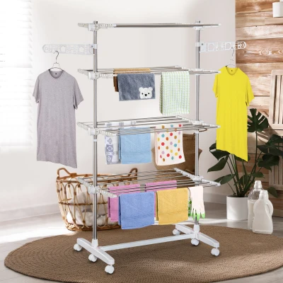 HOMCOM Tendedero de Ropa Plegable 80x55x172 cm con 6 Ruedas y 4 Estantes con Altura Regulable de Acero Inoxidable Plateado