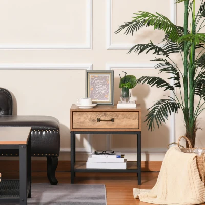 HOMCOM Mesita de Noche Mesilla de Noche con Cajón y Estante Abierto Estilo Industrial Mesa Auxiliar para Dormitorio Sala 48x40x51,5 cm Teca y Negro