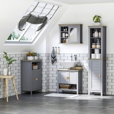 kleankin Armario Auxiliar de Baño Mueble para Baño con 2 Puertas y Estantes Interiores Ajustables para Cocina Dormitorio Salón 59x30x85 cm Gris