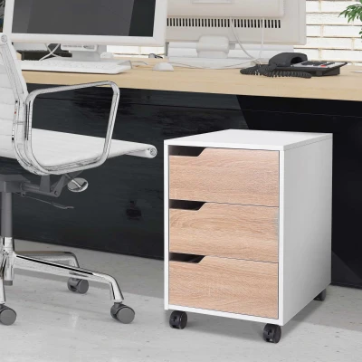 HOMCOM Cajonera de Oficina con Ruedas Mueble Archivador con 3 Cajones Cajonera para Escritorio Estudio 40x50x57,5 cm Roble y Blanco