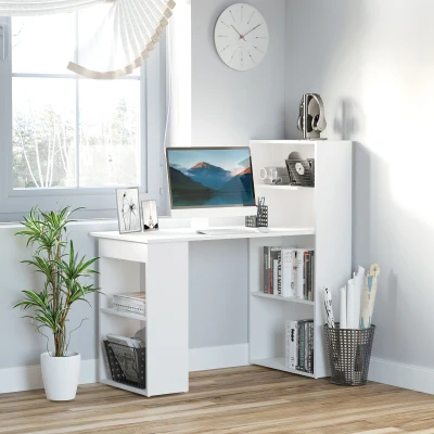 HOMCOM Escritorio con Estantería Librería Reversible Mesa de Ordenador con 6 Estantes de Almacenaje Estilo Moderno para Oficina Estudio Despacho 120x55x120 cm Blanco