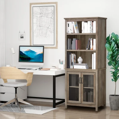 HOMCOM Armario de Libros Librería de Salón con 2 Puertas de Vidrio 3 Estantes Abiertos y Estante Ajustable 76x40x180 cm Natural